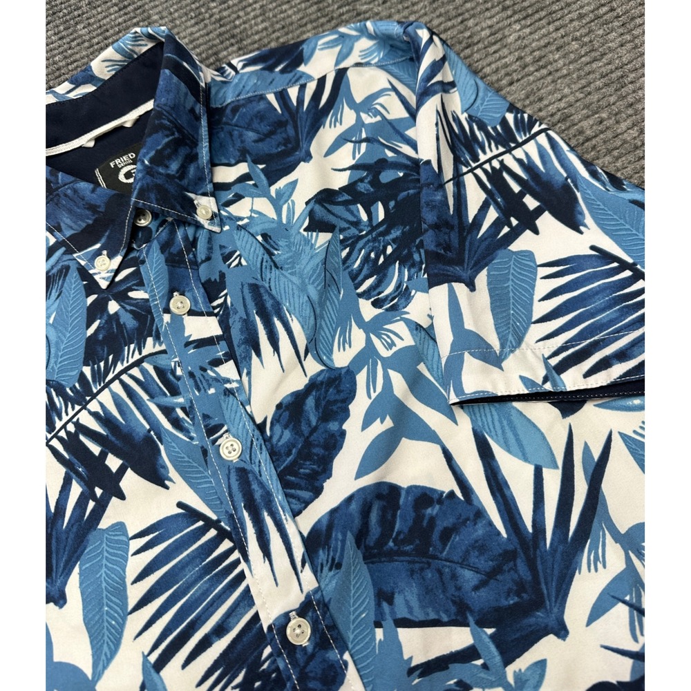 Fried Denim Button Down Shirt Men M Blue Floral Tropical Slim Fit Short Sleeve